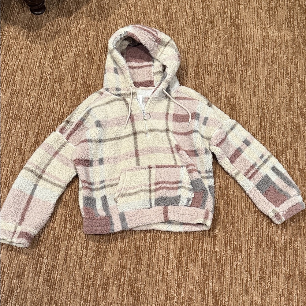 Cozy Plaid Sherpa Half-Zip Hoodie in Cream & Dusty Rose